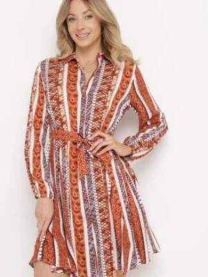 Zdjęcie produktu Brązowa Sukienka Koszulowa z Wiskozy Rozkloszowana z Materiałowym Paskiem Sigina