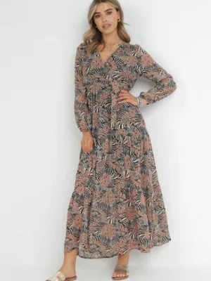 Zdjęcie produktu Brązowa Sukienka Maxi z Gumką w Talii i Roślinnym Printem Alai