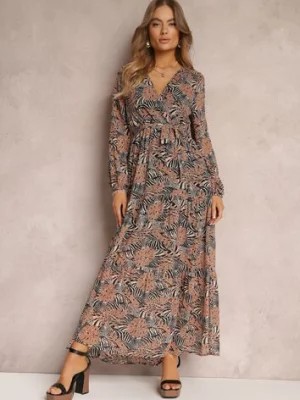 Zdjęcie produktu Brązowa Sukienka Maxi z Kopertowym Dekoltem i Gumką w Talii Srinika