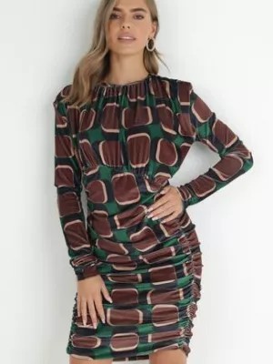 Zdjęcie produktu Brązowa Sukienka z Drapowaniem w Geometryczny Wzór Kalma