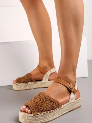 Zdjęcie produktu Brązowe Sandały Espadryle z Plecionym Noskiem Peep Toe i Jutową Platformą Drelpa