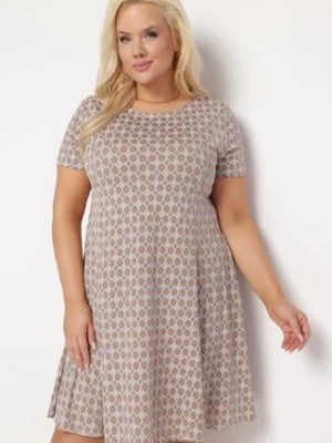 Zdjęcie produktu Brązowo-Beżowa Rozkloszowana Sukienka Mini z Elastycznej Wiskozy Annamarie