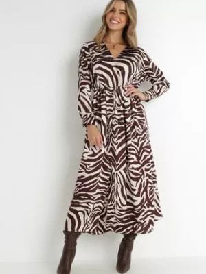 Zdjęcie produktu Brązowo-Beżowa Sukienka Satynowa z Animal Printem Sharifa