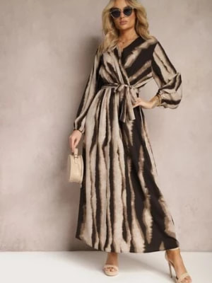 Zdjęcie produktu Brązowo-Czarna Rozkloszowana Sukienka Maxi z Kopertowym Dekoltem i Materiałowym Paskiem Efengia