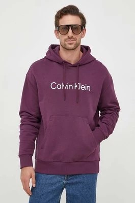Zdjęcie produktu Calvin Klein bluza bawełniana męska kolor fioletowy z kapturem z aplikacją