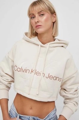 Zdjęcie produktu Calvin Klein Jeans bluza bawełniana damska kolor beżowy z kapturem z aplikacją