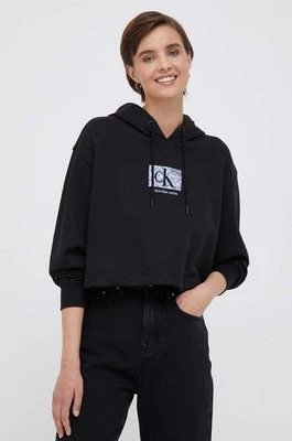 Zdjęcie produktu Calvin Klein Jeans bluza bawełniana damska kolor czarny z kapturem z nadrukiem