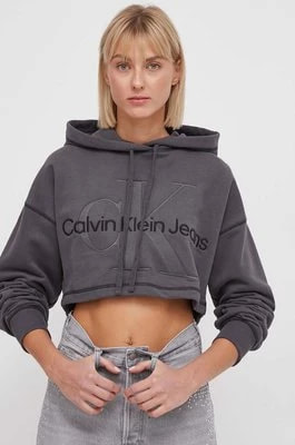 Zdjęcie produktu Calvin Klein Jeans bluza bawełniana damska kolor szary z kapturem z aplikacją