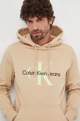 Zdjęcie produktu Calvin Klein Jeans bluza bawełniana męska kolor beżowy z kapturem z nadrukiem