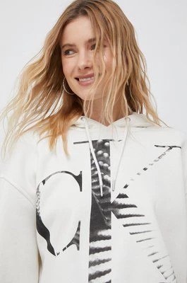 Zdjęcie produktu Calvin Klein Jeans bluza damska kolor beżowy z kapturem wzorzysta