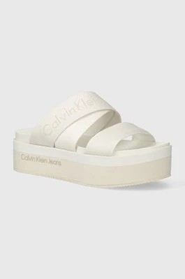 Zdjęcie produktu Calvin Klein Jeans klapki FLATFORM SANDAL WEBBING IN MR damskie kolor beżowy na platformie YW0YW01361