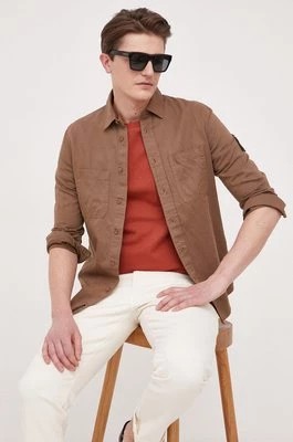 Zdjęcie produktu Calvin Klein Jeans koszula z domieszką lnu kolor brązowy regular z kołnierzykiem klasycznym