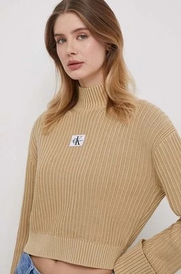 Zdjęcie produktu Calvin Klein Jeans sweter bawełniany kolor beżowy z golfem