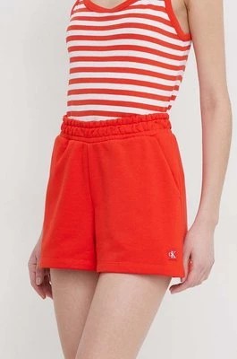 Zdjęcie produktu Calvin Klein Jeans szorty damskie kolor pomarańczowy gładkie high waist