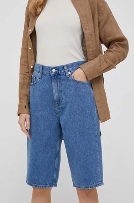 Zdjęcie produktu Calvin Klein Jeans szorty jeansowe damskie kolor granatowy gładkie high waist