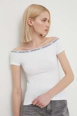 Zdjęcie produktu Calvin Klein Jeans t-shirt damski kolor biały dekolt hiszpański