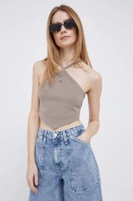 Zdjęcie produktu Calvin Klein Jeans top bawełniany kolor brązowy cold shoulder