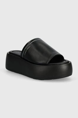 Zdjęcie produktu Calvin Klein klapki skórzane FLATFORM SLIDE LTH damskie kolor czarny na platformie HW0HW01943