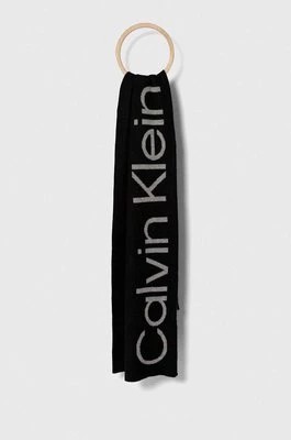 Zdjęcie produktu Calvin Klein szalik z domieszką wełny kolor czarny wzorzysty