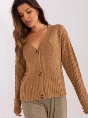 Zdjęcie produktu Camelowy damski sweter rozpinany w warkocze BADU