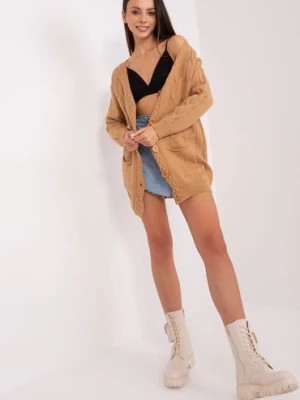 Zdjęcie produktu Camelowy sweter damski rozpinany z kieszeniami