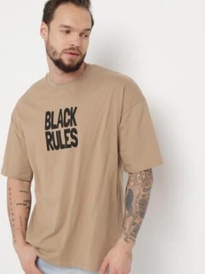 Zdjęcie produktu Ciemnobeżowa Bawełniana Koszulka T-shirt z Nadrukiem po Obu Stronach Daven