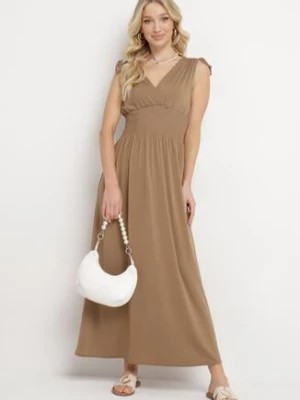 Zdjęcie produktu Ciemnobeżowa Wiskozowa Sukienka z Kopertowym Dekoltem o Rozkloszowanym Fasonie Rosat