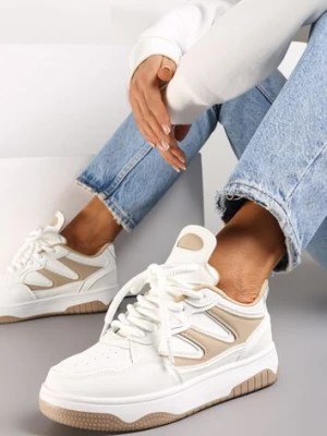Zdjęcie produktu Biało-Beżowe Sneakersy przed Kostkę na Platformie z Wstawkami Losia