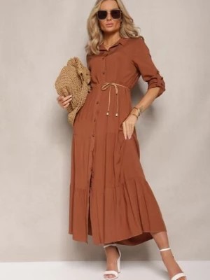 Zdjęcie produktu Ciemnobrązowa Koszulowa Sukienka Maxi z Bawełny Junira