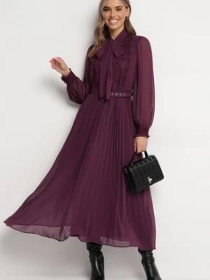 Zdjęcie produktu Ciemnofioletowa Rozkloszowana Sukienka Maxi z Plisowanym Dołem i Paskiem Brofilla