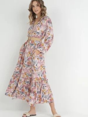 Zdjęcie produktu Ciemnoróżowa Koszulowa Sukienka Maxi w Kwiaty z Paskiem Bophin