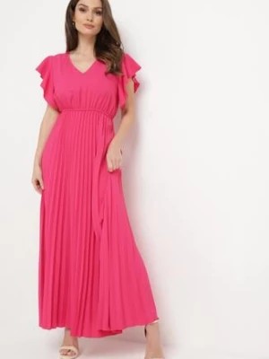 Zdjęcie produktu Ciemnoróżowa Plisowana Sukienka Maxi Rozkloszowana z Luźnymi Rękawkami Serahpine
