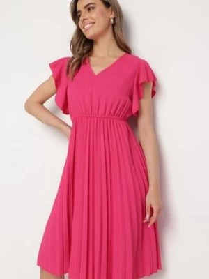 Zdjęcie produktu Ciemnoróżowa Sukienka Rozkloszowana Midi z Plisowanym Dołem Sabara