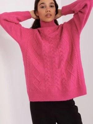 Zdjęcie produktu Ciemnoróżowy damski sweter z warkoczami i golfem