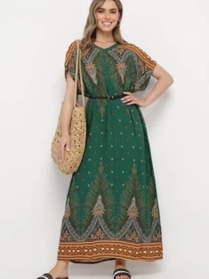 Zdjęcie produktu Ciemnozielona Bawełniana Sukienka Pudełkowa Długa w Abstrakcyjny Wzór Olatias