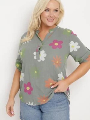 Zdjęcie produktu Ciemnozielona Koszula z Lnu i Bawełny w Kwiaty z Krótkim Rękawem Ambubia