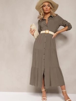 Zdjęcie produktu Ciemnozielona Koszulowa Sukienka Maxi z Bawełny Junira