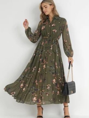 Zdjęcie produktu Ciemnozielona Sukienka Plisowana w Kwiaty Curlina