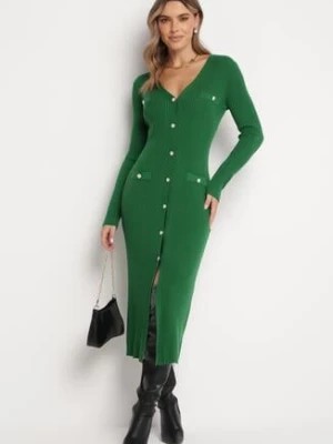 Zdjęcie produktu Ciemnozielona Sweterkowa Sukienka Midi z Trójkątnym Dekoltem Rosenna