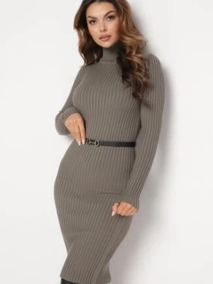 Zdjęcie produktu Ciemnozielona Sweterkowa Sukienka Midi z Wełną i Golfem Soreni