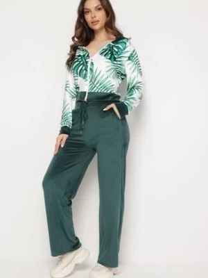Zdjęcie produktu Ciemnozielony Welurowy Komplet Dresowy Bluza z Florystycznym Printem i Szerokie Spodnie Taniussa