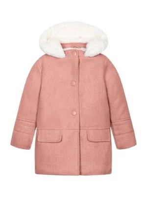 Zdjęcie produktu Ciepły płaszcz różowy niemowlęcy z kapturem obszywanym futerkiem Minoti