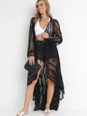 Zdjęcie produktu Czarna Asymetryczna Narzutka Sukienka Maxi z Głębokim Dekoltem z Koronkowej Tkaniny Itzamara