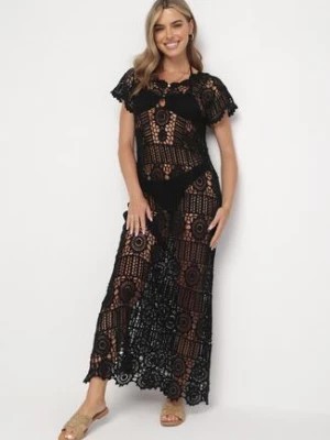 Zdjęcie produktu Czarna Bawełniana Sukienka Plażowa Maxi w Ażurowym Stylu Aanuan