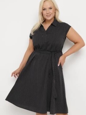 Zdjęcie produktu Czarna Bawełniana Sukienka z Krótkim Rękawem z Materiałowym Paskiem i Kieszeniami Lovara