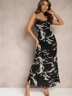 Zdjęcie produktu Czarna Długa Sukienka w Marmurkowy Wzór z Cienkimi Ramiączkami Grannia