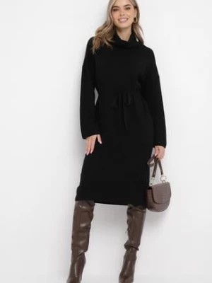 Zdjęcie produktu Czarna Dzianinowa Sukienka z Szerokim Golfem i Materiałowym Paskiem Siriace