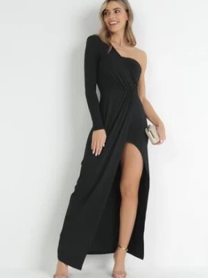 Zdjęcie produktu Czarna Kopertowa Sukienka Maxi na Jedno Ramię z Marszczeniami Analaura