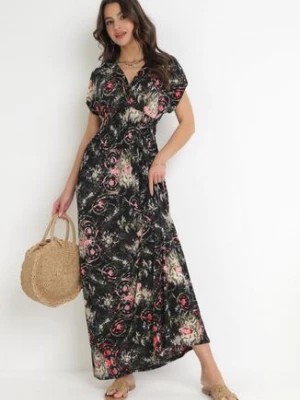 Zdjęcie produktu Czarna Kopertowa Sukienka Maxi z Gumkami w Pasie i Głębokim Dekoltem Nenor