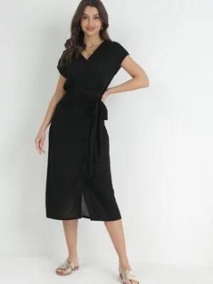 Zdjęcie produktu Czarna Kopertowa Sukienka z Krótkim Rękawem Wiązana w Talii Sokona